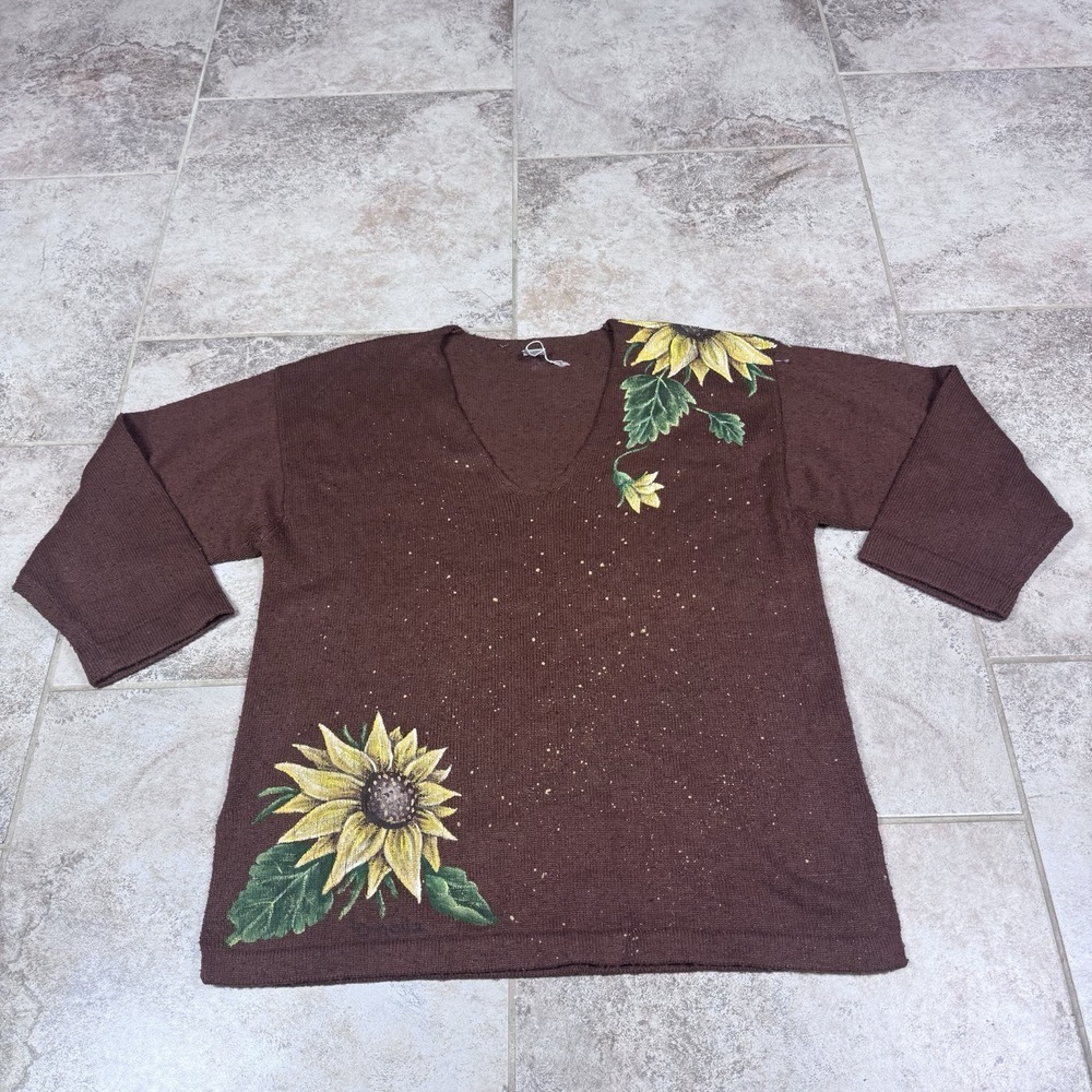 Vintage Sweater Womens Medium Brown Knit Minimalist Hand Painted Floral Silk